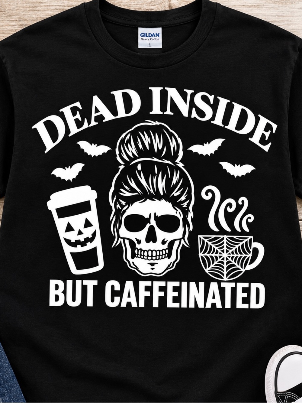 Gildan Black 'Dead Inside But Caffeinated' Skull & Coffee Graphic Tee